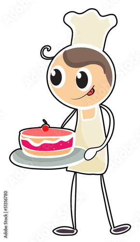 A baker holding a tray of cake