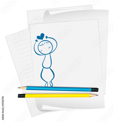 A paper with a drawing of boy with a heart above his head