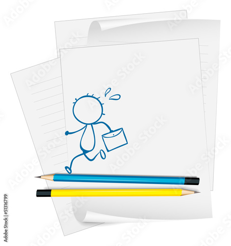A paper with a drawing of a boy running while holding an envelop