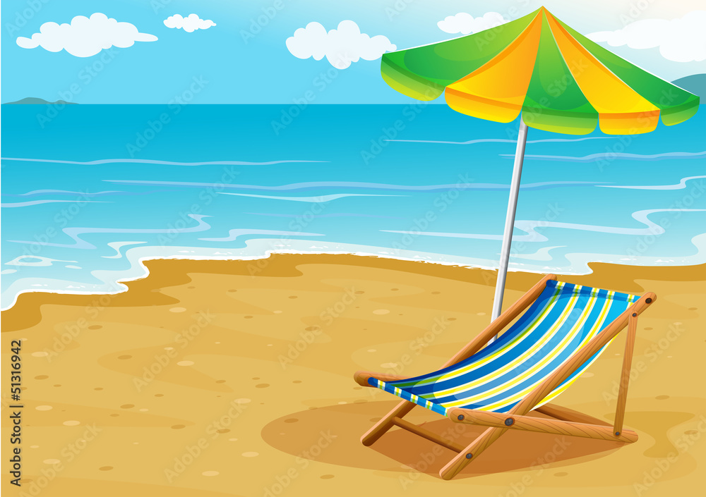 A seashore with a bench and an umbrella A seashore with a bench and an umbrella