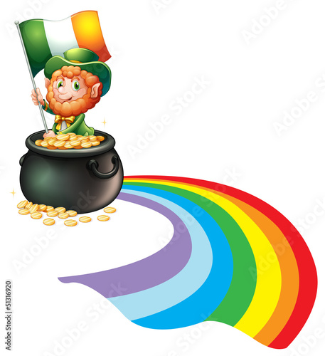 A man inside a pot of gold coins holding flag