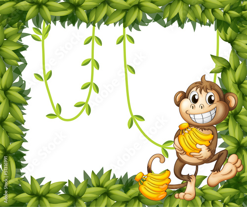 A happy monkey holding bananas