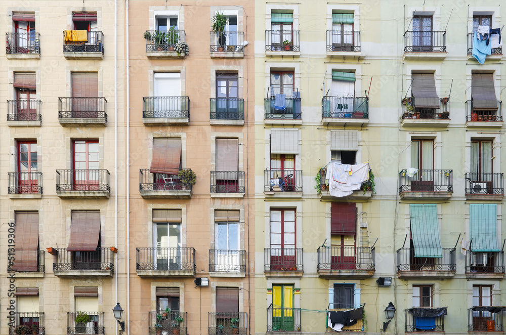 Old facade house. Old style windows with balcony,Barcelona