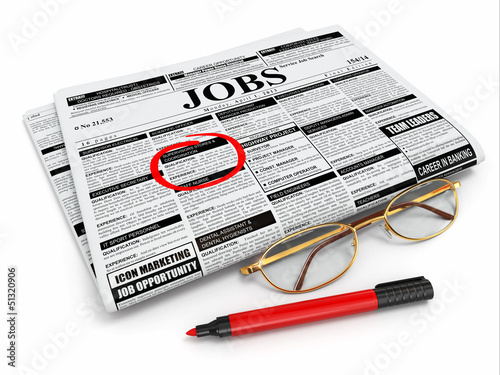 Search job. Newspaper with advertisments, glasses and marker.