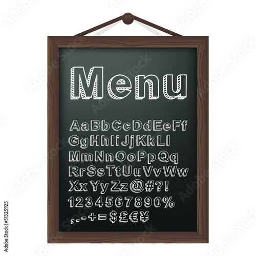 Cafe menu board with chalk alphabet. Vector illustration.