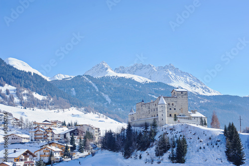 Winter castle and mountains view in Nauders, Austria