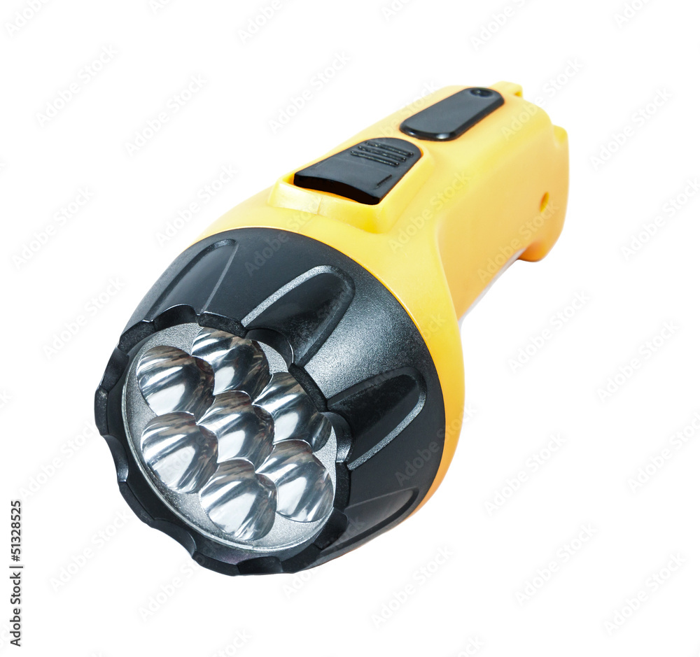 Yellow electric pocket flashlight isolated on white. Yellow electric pocket flashlight isolated on white.