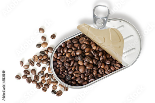 coffee beans in can on white background