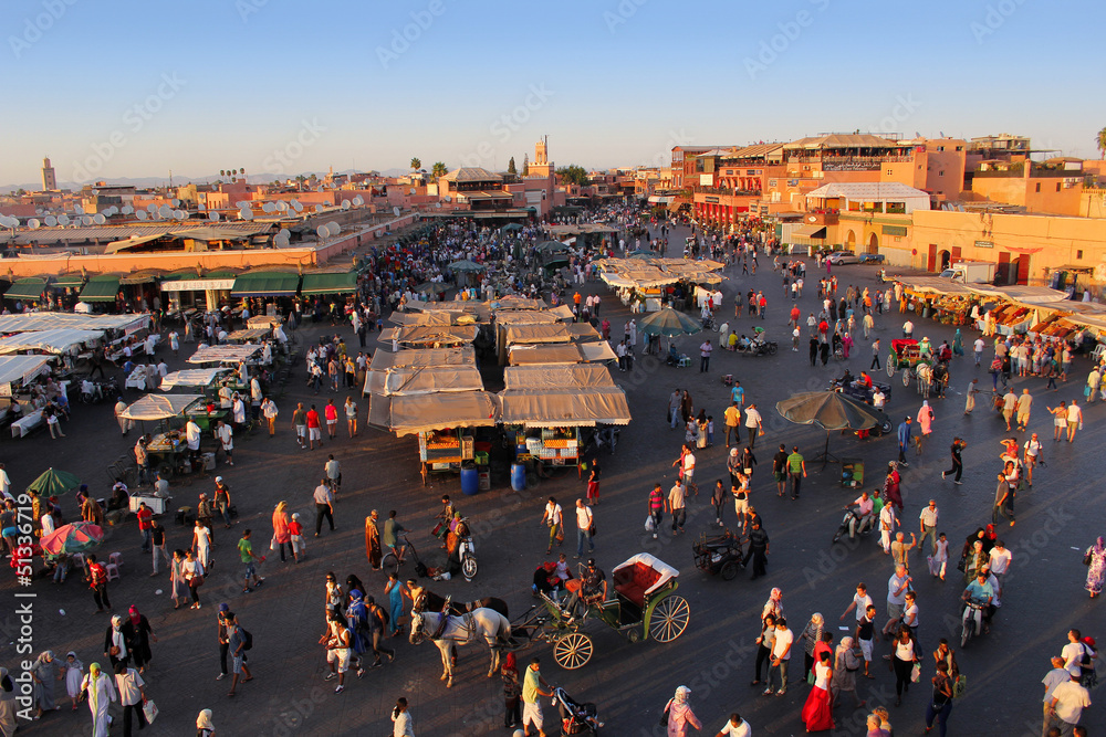 Fototapeta premium The famous Marrakesh square Djemaa el Fna, center of the old tow