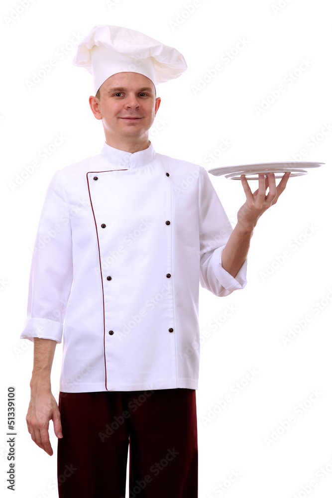 Portrait of chef holding tray on his palm isolated on white Portrait of chef holding tray on his palm isolated on white