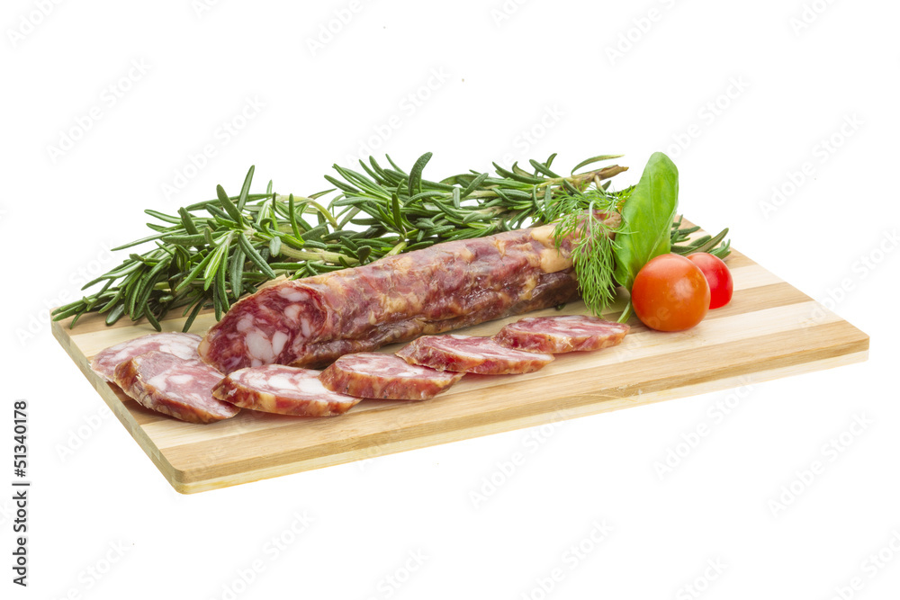 Salami with rosemary, basil and tomato