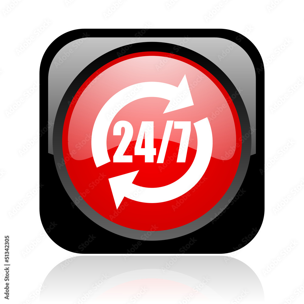 24/7 service black and red square web glossy icon