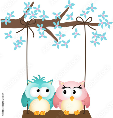 Two owls in love on a swing