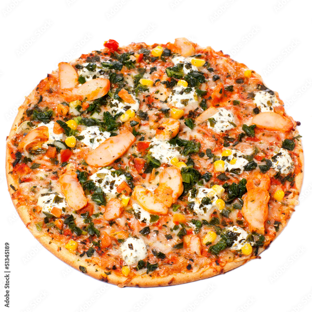 Chicken pizza on a white background Chicken pizza on a white background