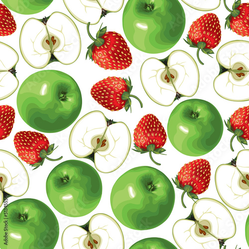 Fototapeta Naklejka Na Ścianę i Meble -  Green apple and strawberries seamless pattern