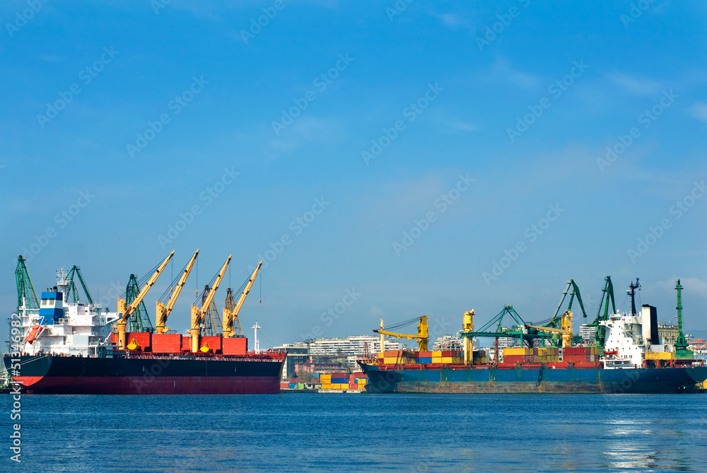 cargo ships with cranes.