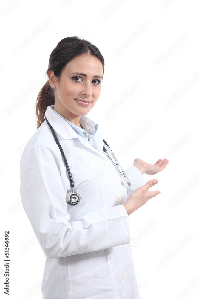 Beautiful doctor woman with a stethoscope inviting Beautiful doctor woman with a stethoscope inviting