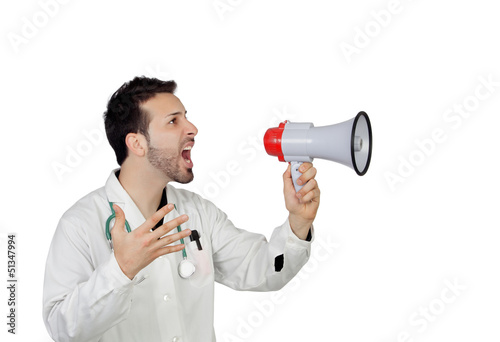 Young Male Doctor Shouting Through Megaphone