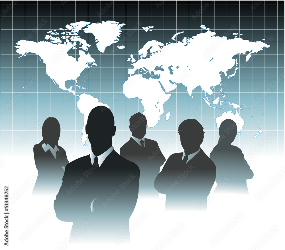 Businessman team silhouette in front of world map eps 10 Businessman team silhouette in front of world map eps 10