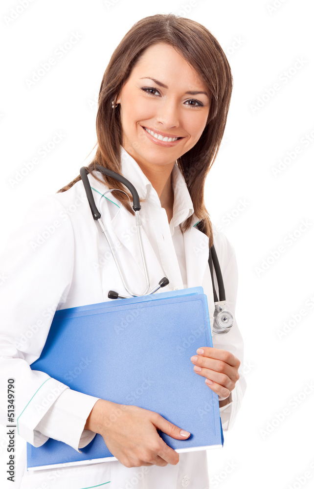 Cheerful doctor with blue folder, over white Cheerful doctor with blue folder, over white