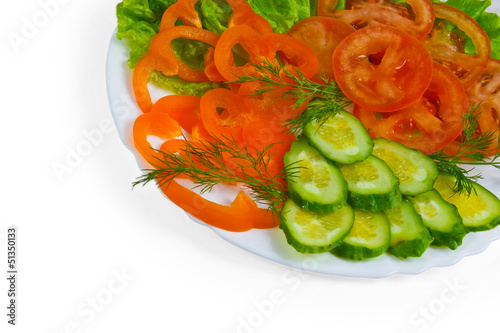 tomatoes cucumbers salad plate isolated on white background clip