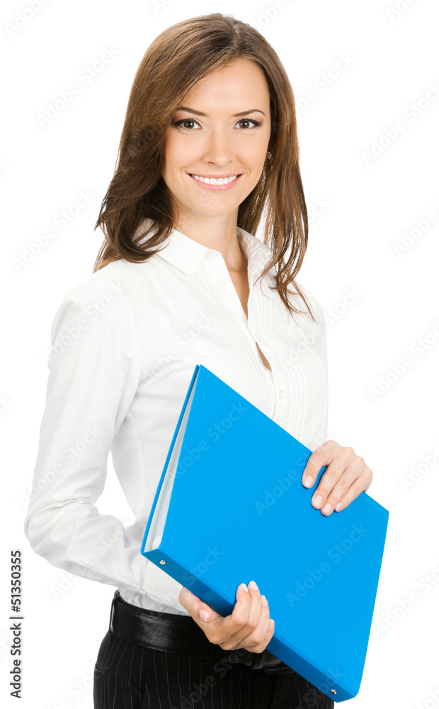 Smiling businesswoman with blue folder, isolated Smiling businesswoman with blue folder, isolated