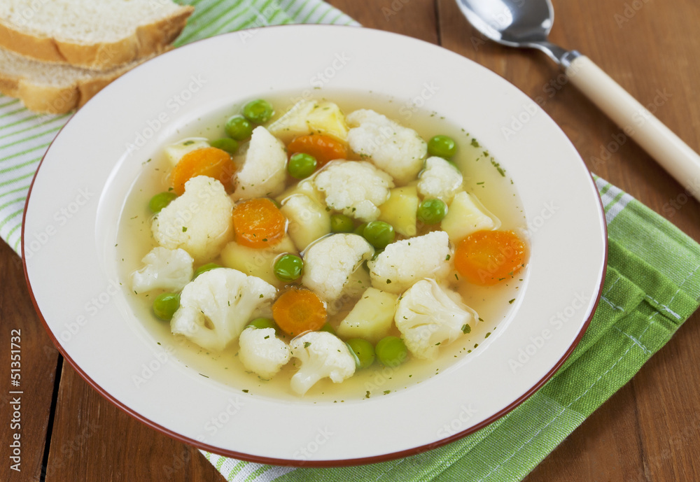 Vegetable soup with cauliflower and green peas Vegetable soup with cauliflower and green peas