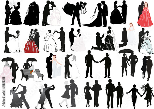 isolated wedding couples silhouettes set