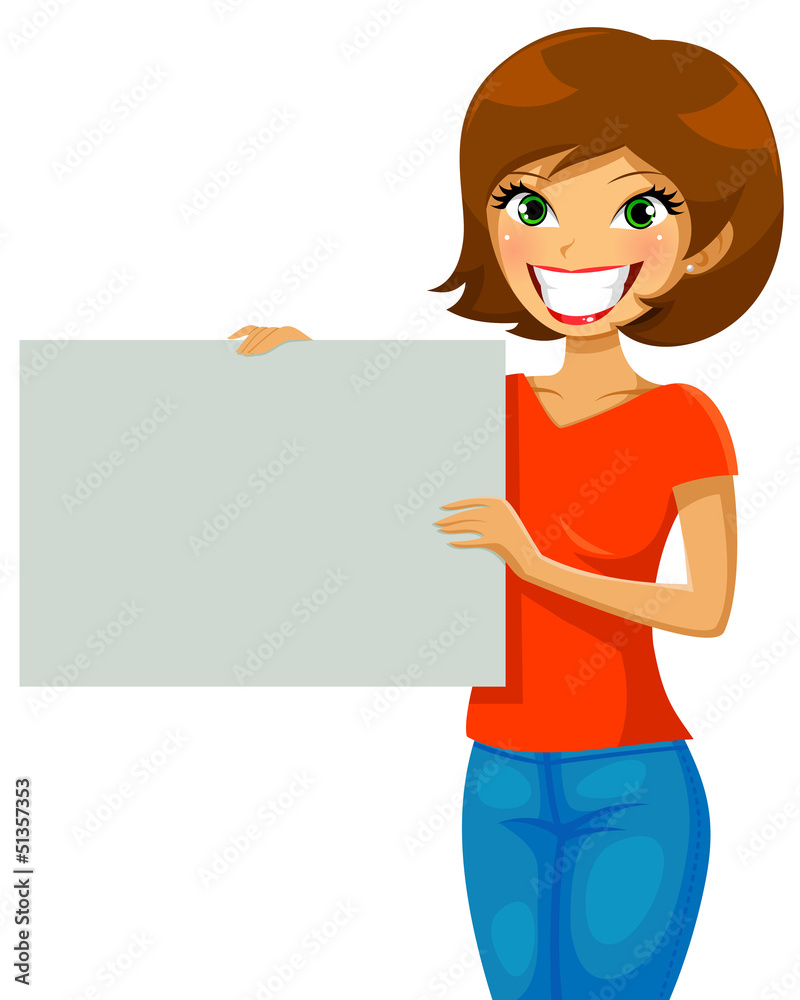 smiling girl holding a blank placard smiling girl holding a blank placard