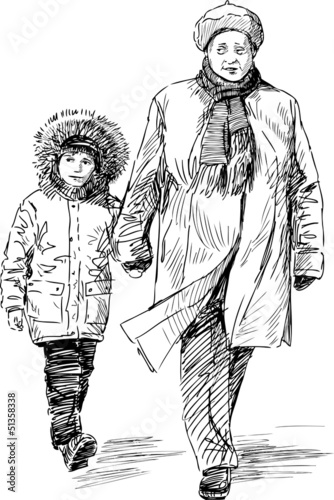 Grandmother and grandson on a walk