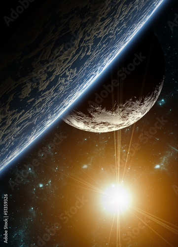 A view of planet earth, moon and sun. Abstract background of dis