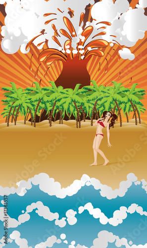 Cartoon volcano island and girl