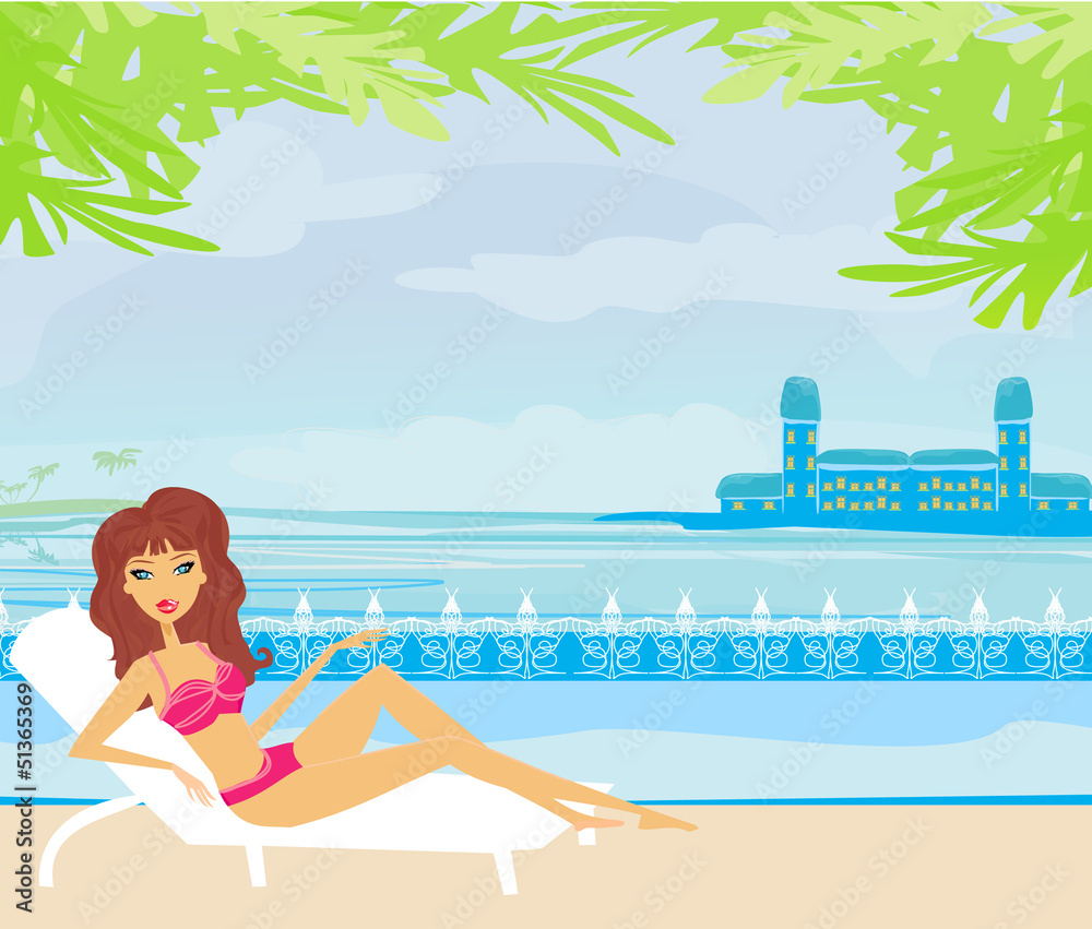 vector image of girl and tropical pool