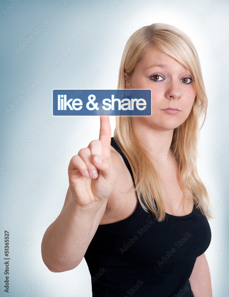 woman pressing like and share button woman pressing like and share button