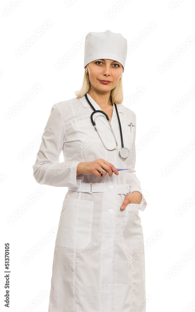 The woman doctor in isolated white coat The woman doctor in isolated white coat