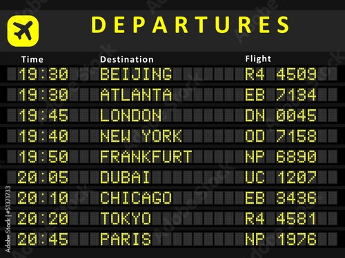 Departure board with flights to Beijing, Atlanta, London, Dubai photo