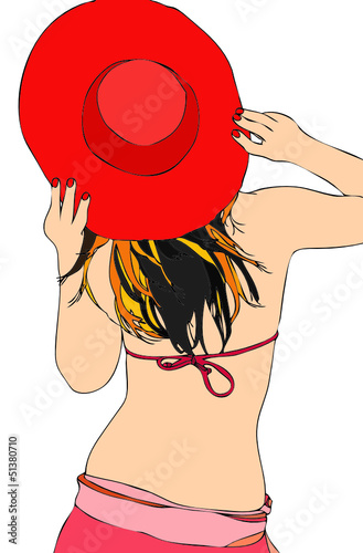 Donna con cappello rosso e costume da bagno