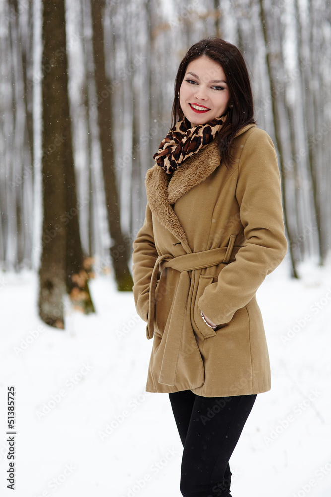 Beautiful woman posing in the forest in the winter