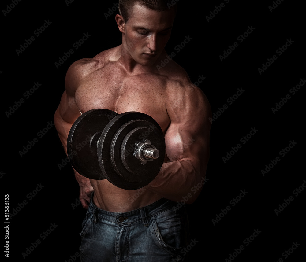 Man with a bar weights in hands training. Bodybuilding Man with a bar weights in hands training. Bodybuilding