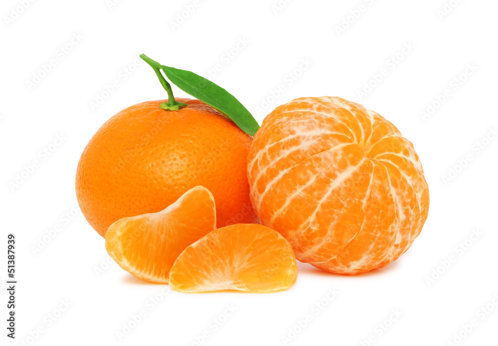 Two ripe mandarins and two slices with green leaves (isolated) Two ripe mandarins and two slices with green leaves (isolated)