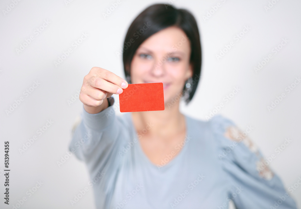 girl with a red card of on a white background