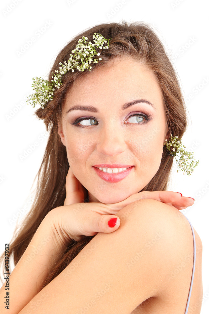 Young woman with beautiful hairstyle and wreath, isolated Young woman with beautiful hairstyle and wreath, isolated