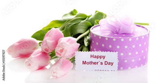 Beautiful bouquet of pink tulips and gift for Mother's Day,