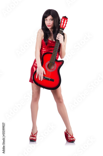 Young singer guitar on white