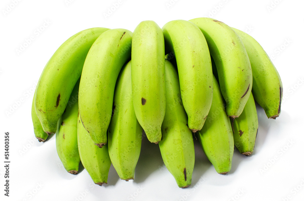 A bunch of green banana bundle on white background