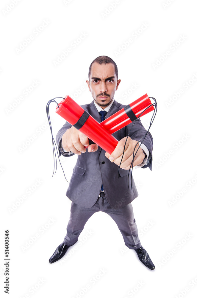 Businessman with dynamite isolated on white Businessman with dynamite isolated on white