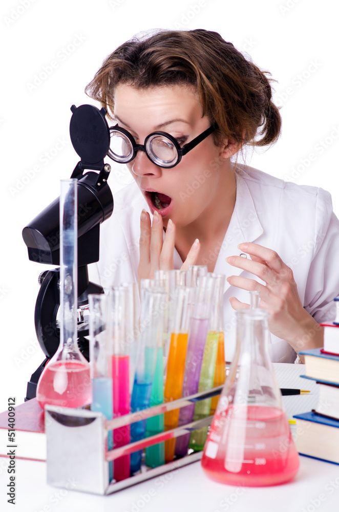 Crazy woman chemist in lab Crazy woman chemist in lab