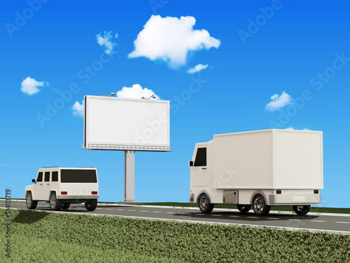 Automobiles othe Asphalted Road with Blank Billboardn photo