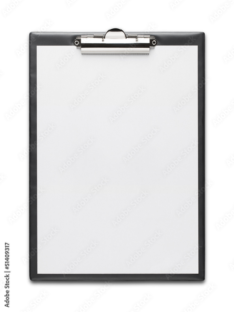 Clipboard with blank paper sheet isolated on white background wi Clipboard with blank paper sheet isolated on white background wi