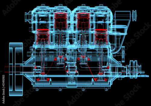 Internal combustion engine (3D xray red and blue transparent)